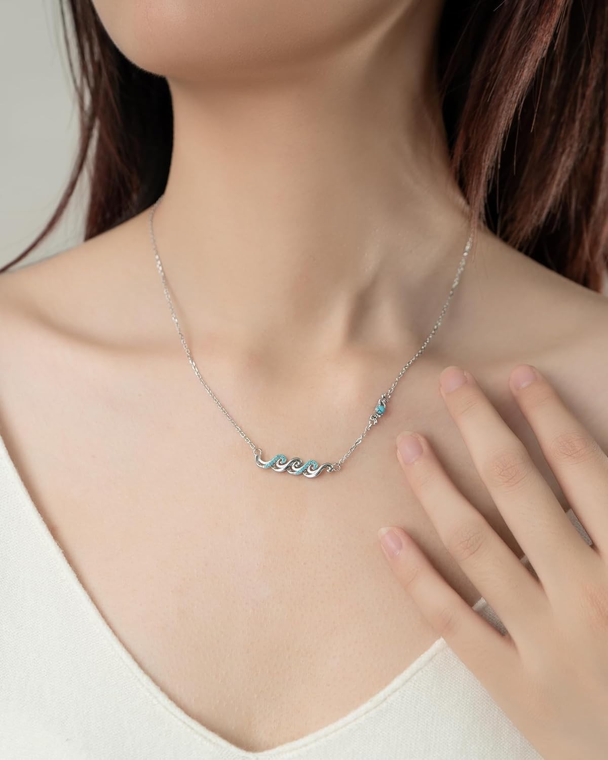 Wave Necklace for Women– 925 Sterling Silver Ocean Jewelry with Turquoise, Senti