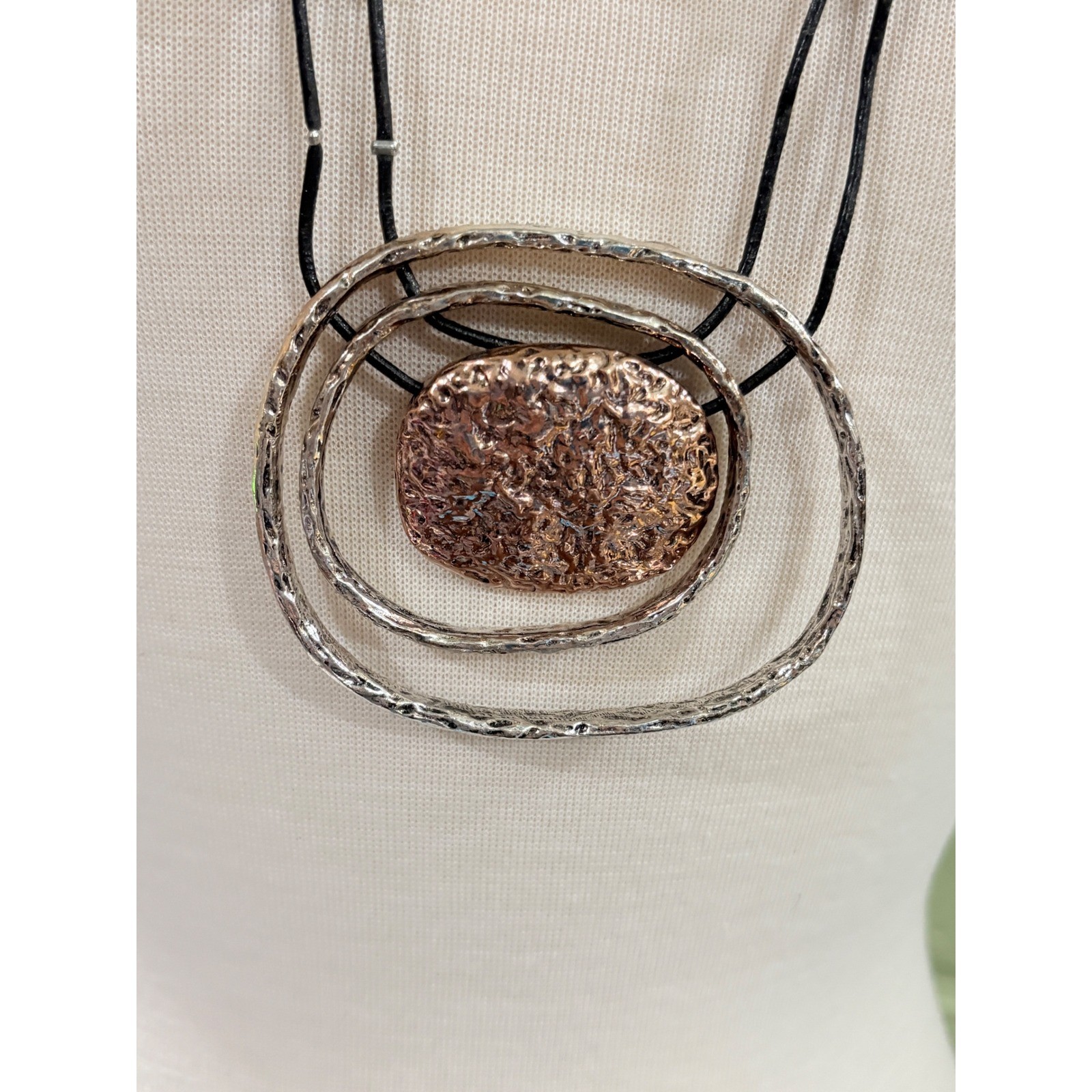 Mixed Metal Hammered Geometric Statement Necklace Silver Copper Tone Black Cord