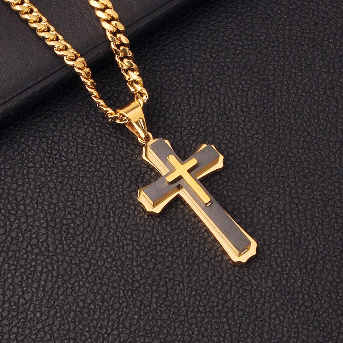 Men’s Stainless Steel Cross Necklace Cuban Chain Pendant Gold Silver Black 24