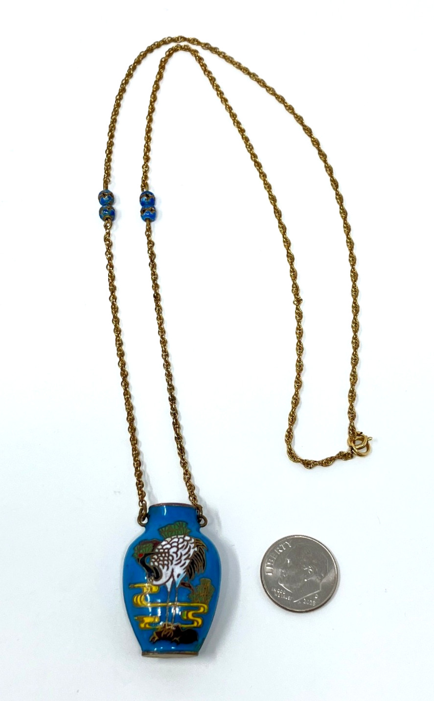 Vintage Cloisonne Blue Vase Crane Bird 1/20 12KT gold filled Chain 24″ Necklace