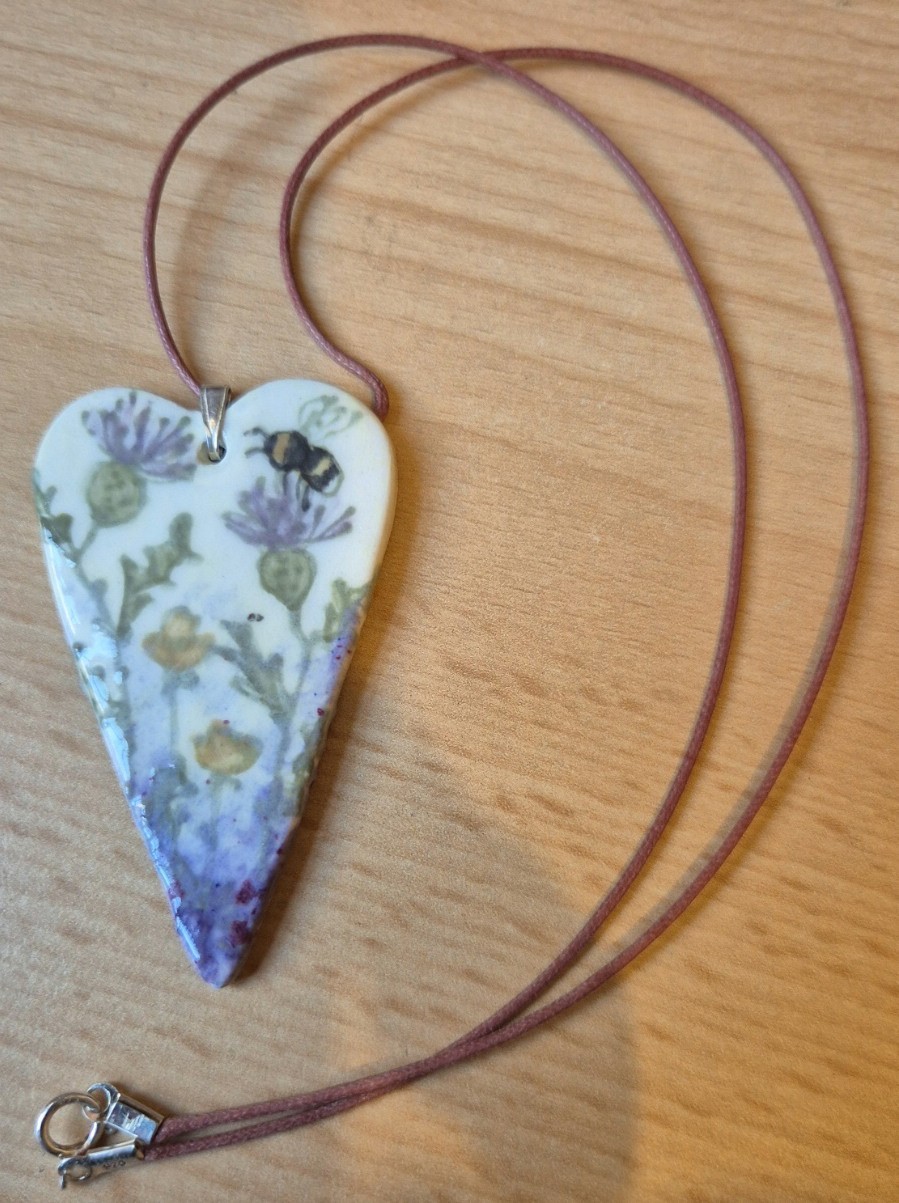 Thistle ceramic pendant – Hand Painted – height 6 cm – cord 46 cm