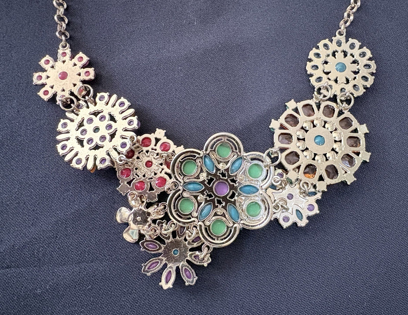 Colorful Floral Statement Necklace Gold Tone Interconnected Flowers