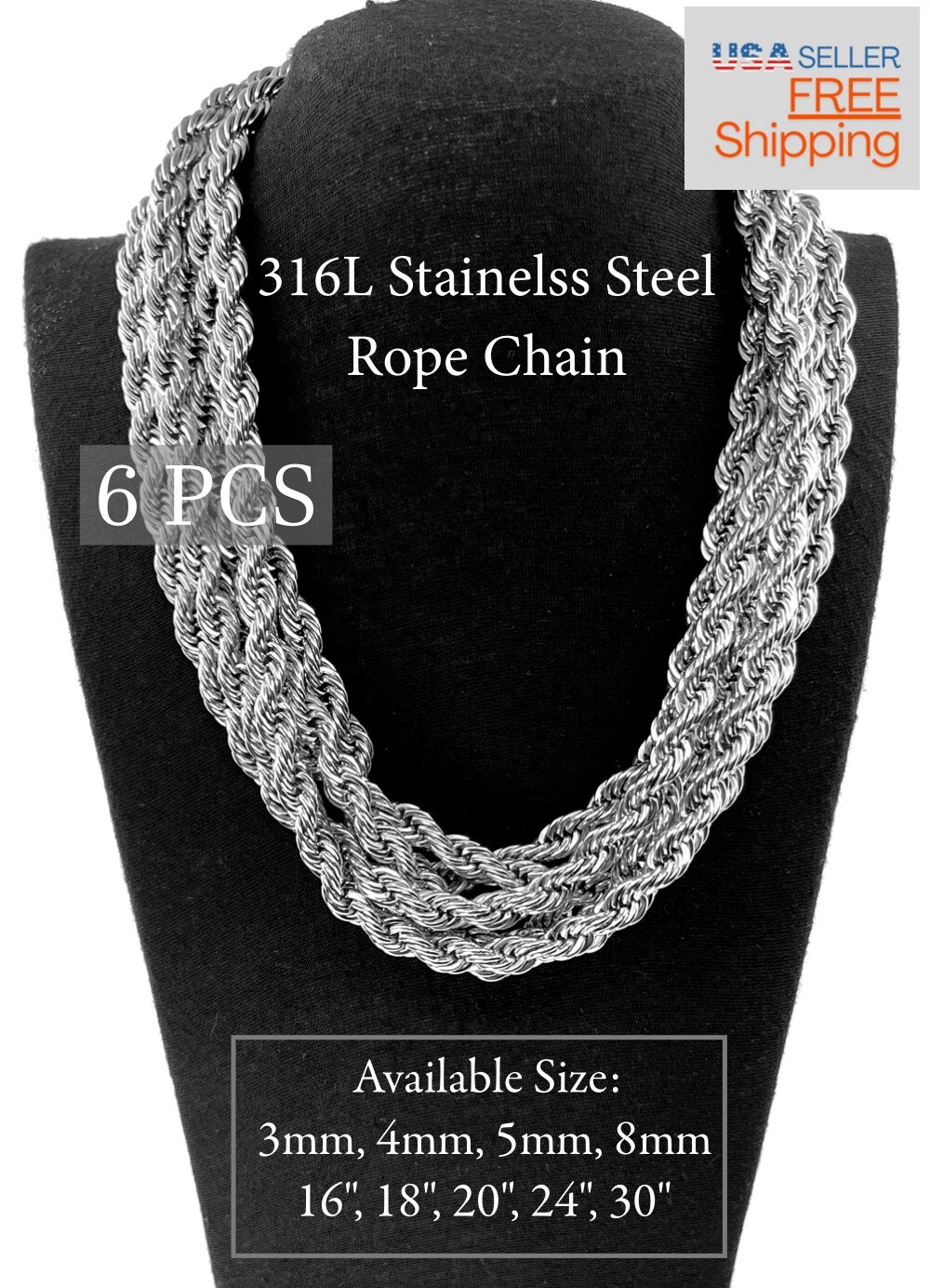 Wholesale Bulk 316L Stainless Steel Rope Chain 16, 18, 20, 24 inches Necklace