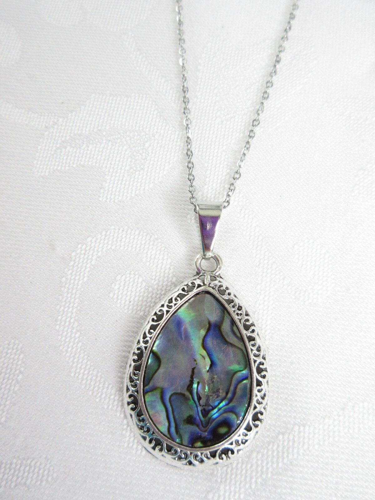 Abalone Shell Pendant Necklace Teardrop Silver Filigree Colorful Blue EXQUISITE