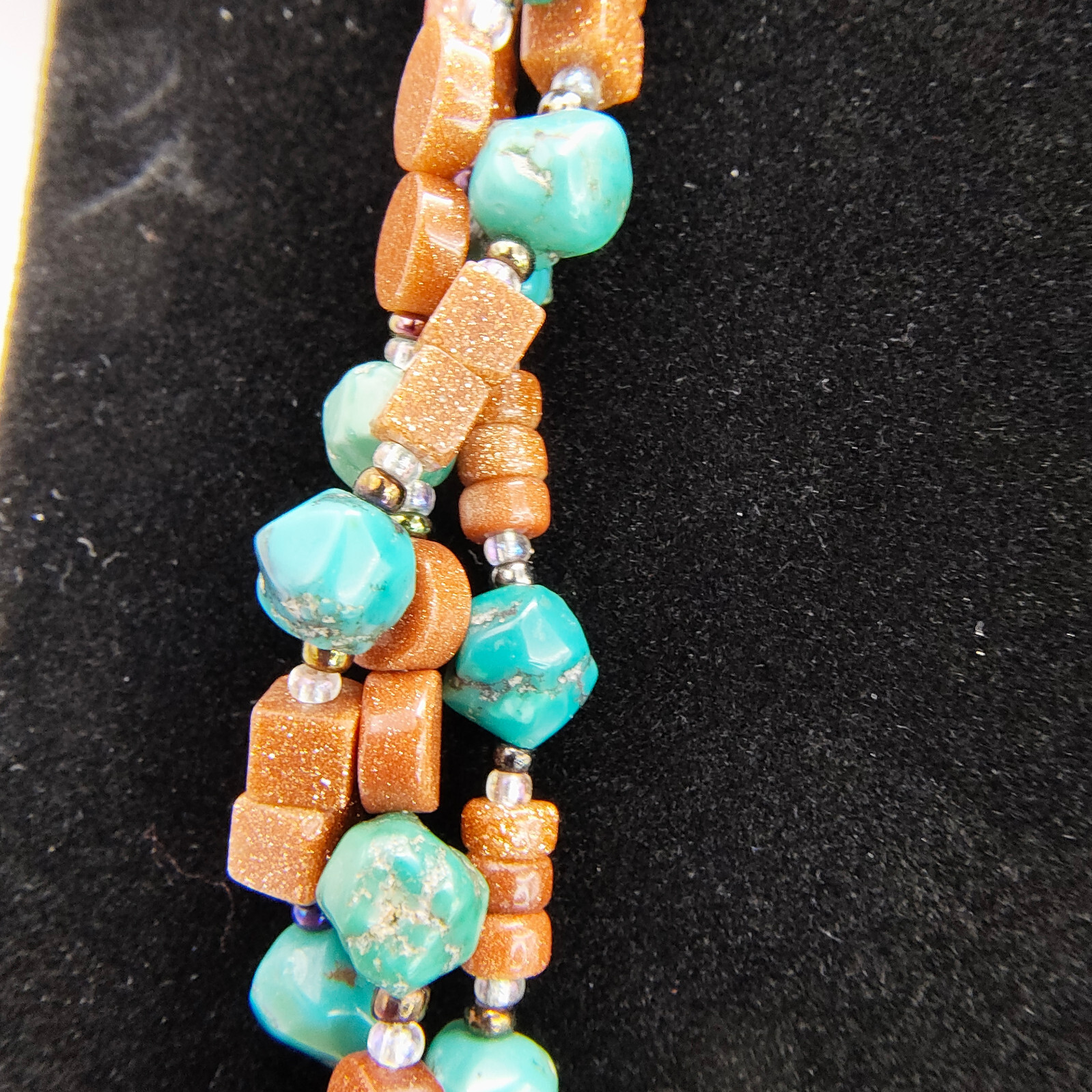 Faux Turquoise Pendant Necklace 925 Sterling Glitter Copper Color Bead Boho
