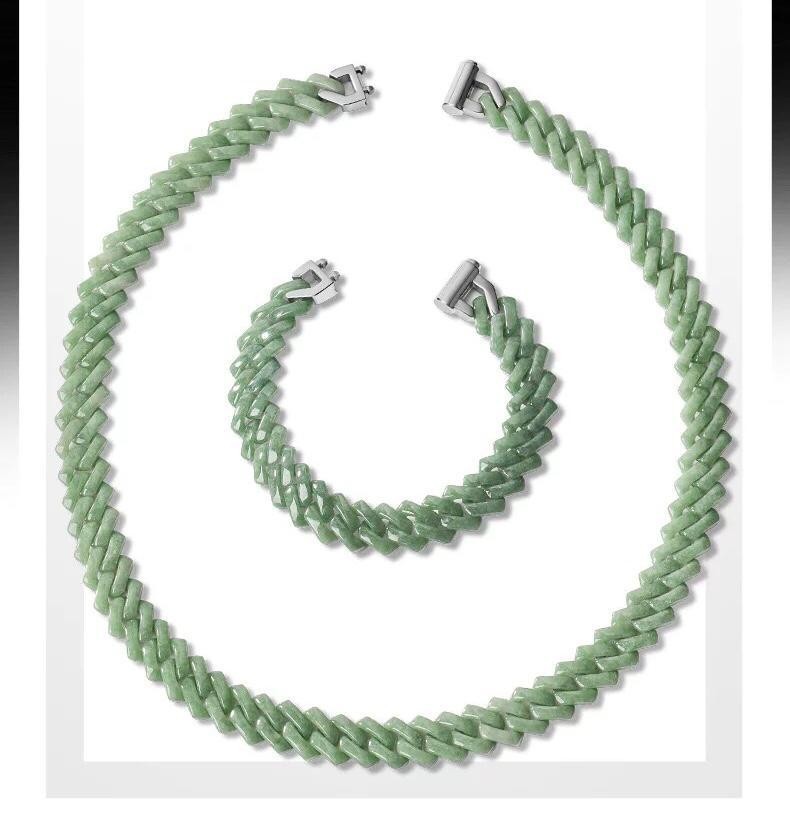 Grade A MYANMAR Jadeite Green Rhombus Shaped Cuban CHAIN NECKLACE AND BRACELET