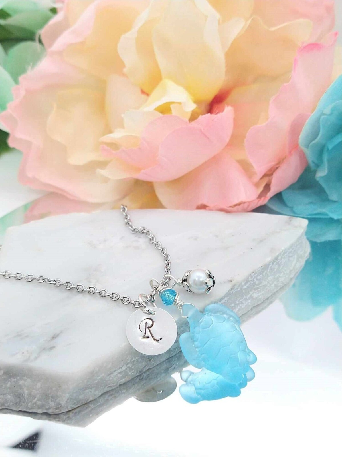 Personalized Sea Glass Turtle Necklace, Customizeable Beach Jewelry, Gift