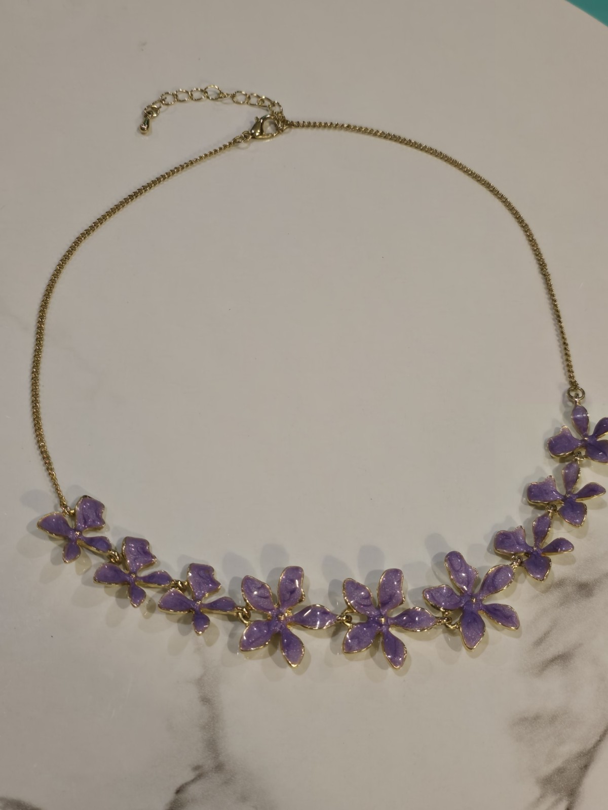 Lavender Enamel Flower Necklace Gold Tone Floral Statement Adjustable Purple