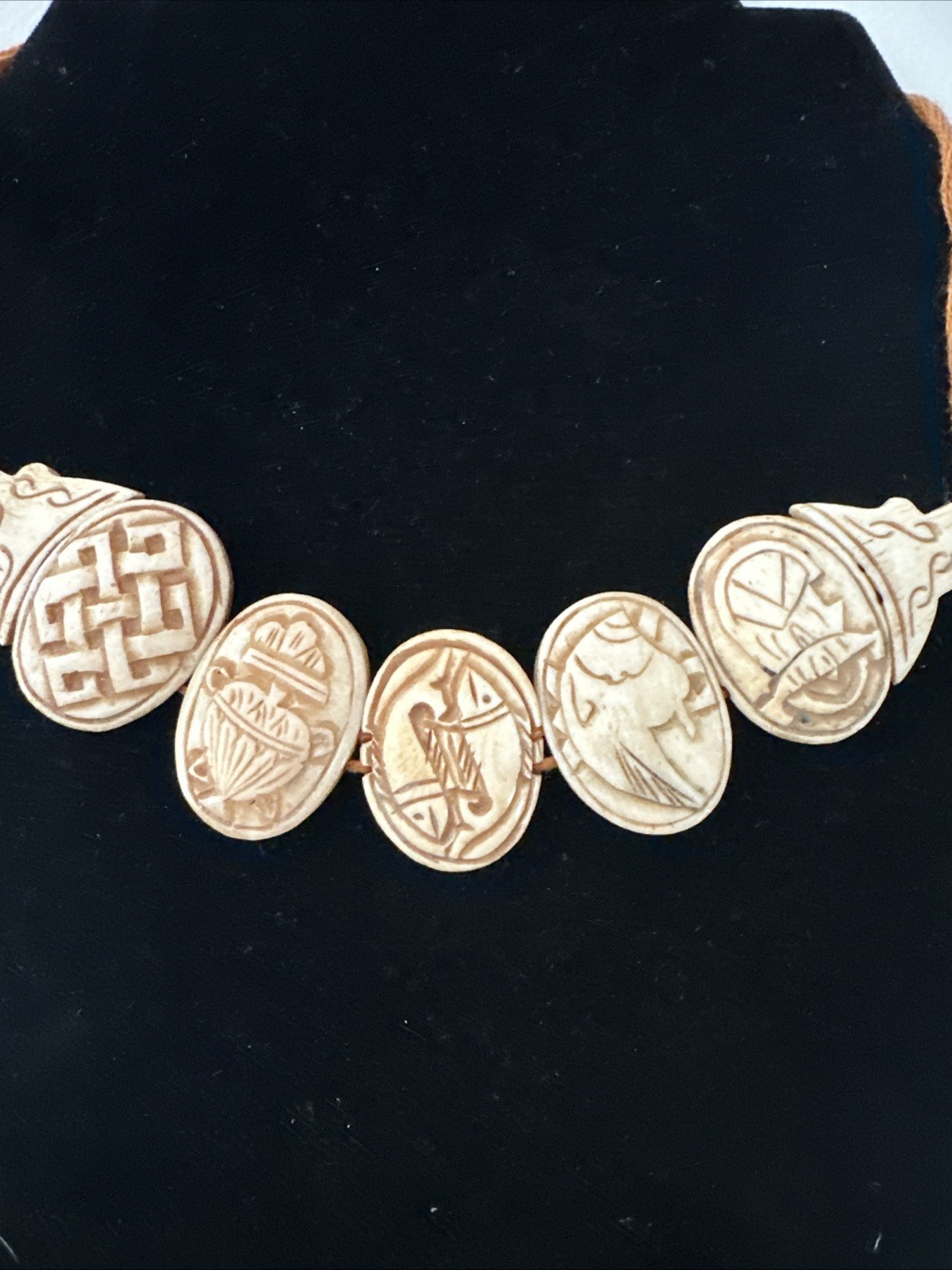 Nepal 8 Auspicious Symbols Hand Carved Necklace Yak Bone 16 in
