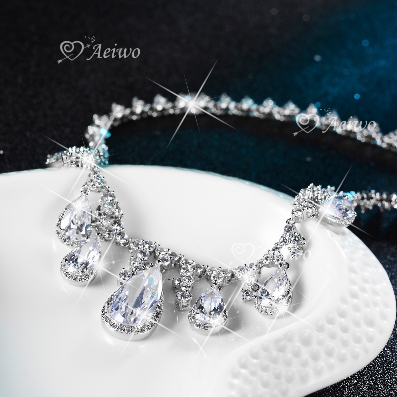 18K WHITE GOLD FILLED SIMULATED DIAMOND WEDDING PARTY NECKLACE LUXURY