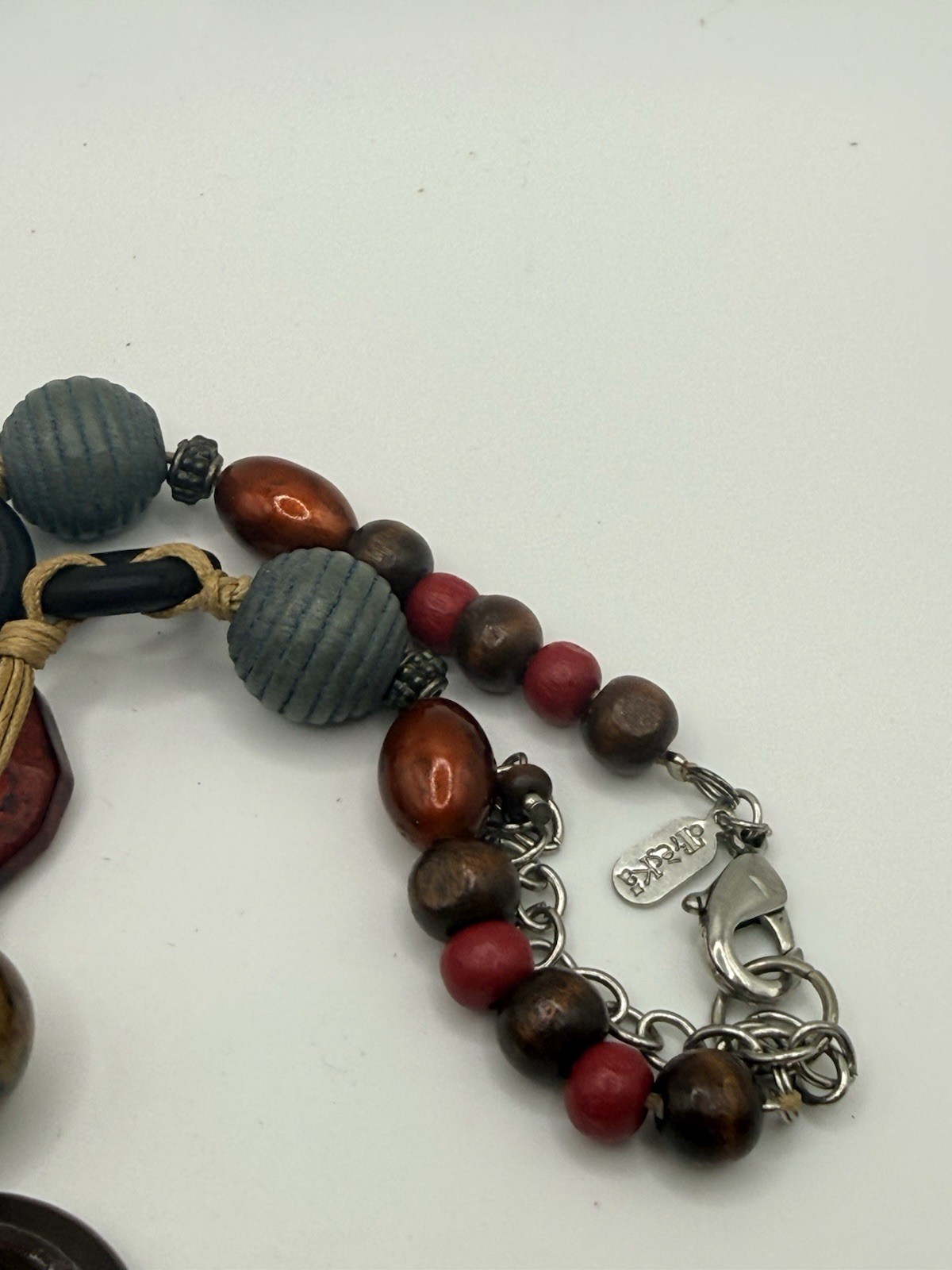 Treska Necklace Boho Statement Mixed Media Wood Faux Turquoise Bead Artsy 17-20”
