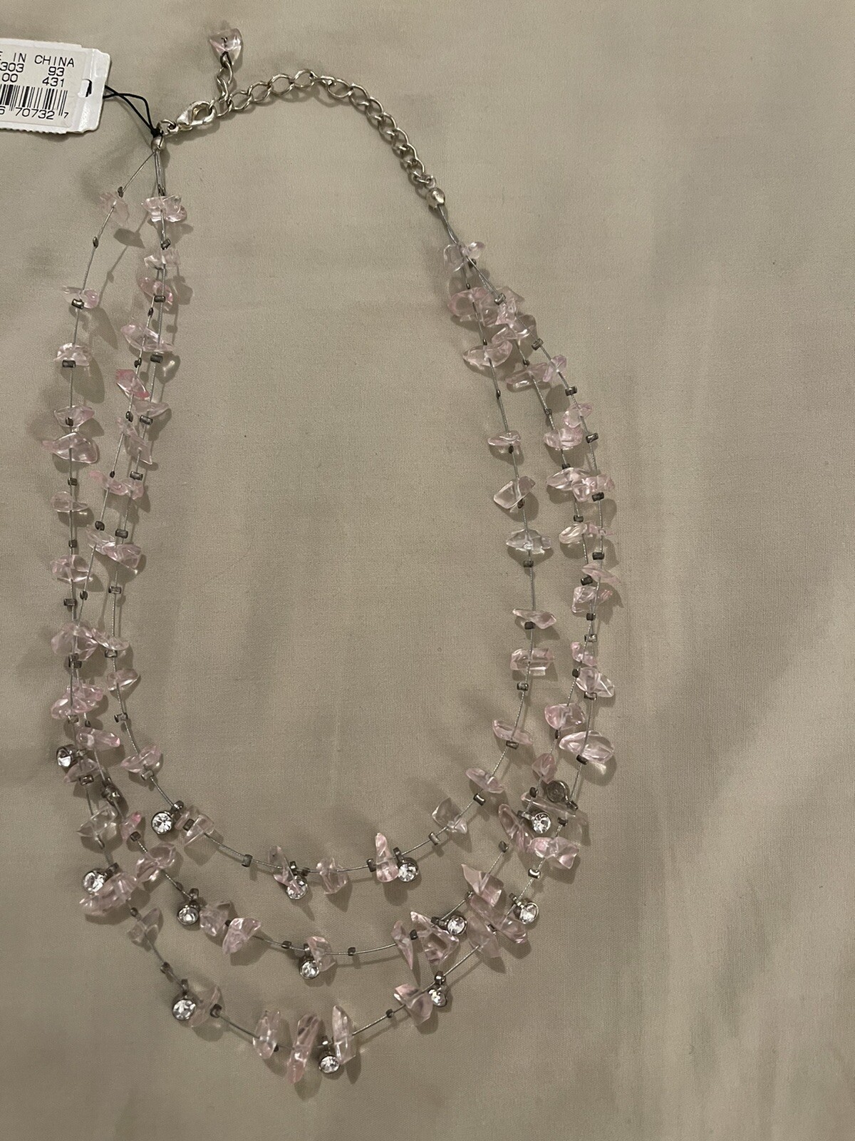 Necklace, White Colorless Crystals, Silver Color, 3 Strands