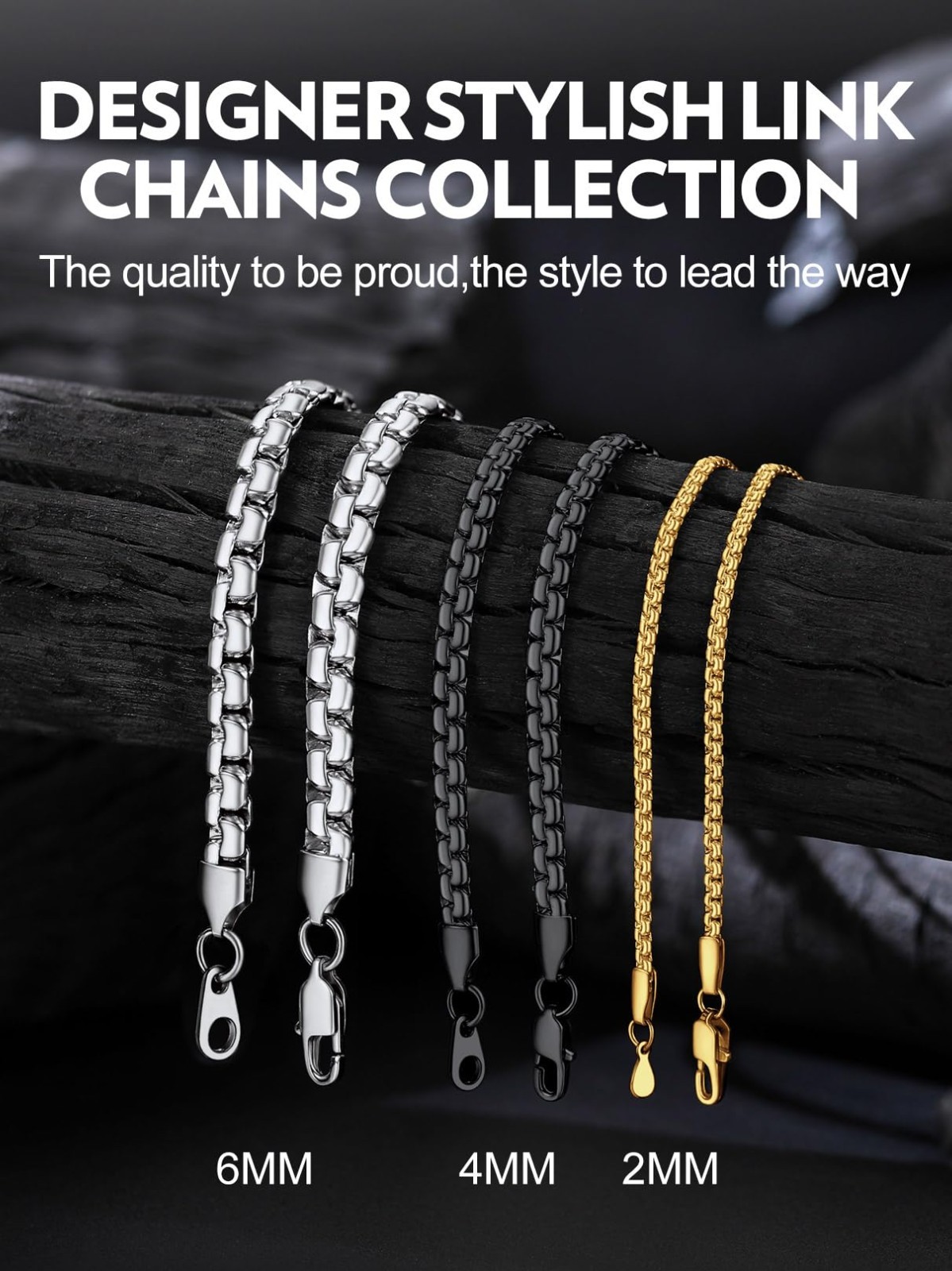 Solid Stainless Steel Flat Box Link Chains 2MM-8MM Silver/Gold/Black Rolo Neckla