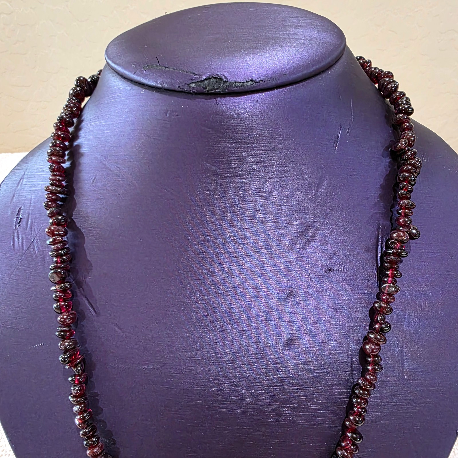 Vintage Natural Red Garnet Nugget Bead Beaded Necklace Original Silk Satin Bag