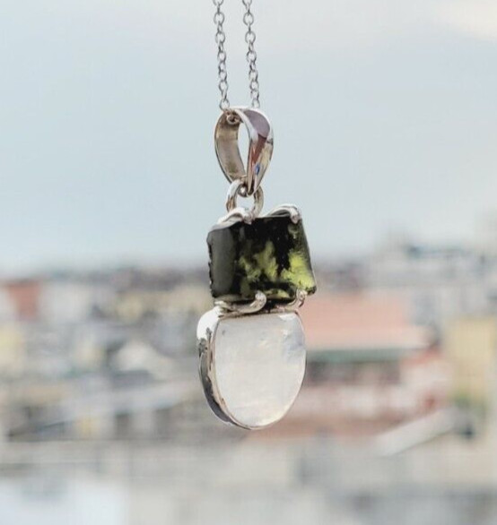 Moldavite & Rainbow Moonstone 925 Silver Pendant Handmade Multi Stones Pendant