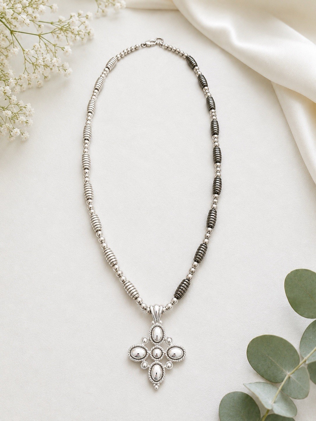 Napier Signed Silver Tone Black Beaded Ball Chain Necklace Cross Charm Pendant