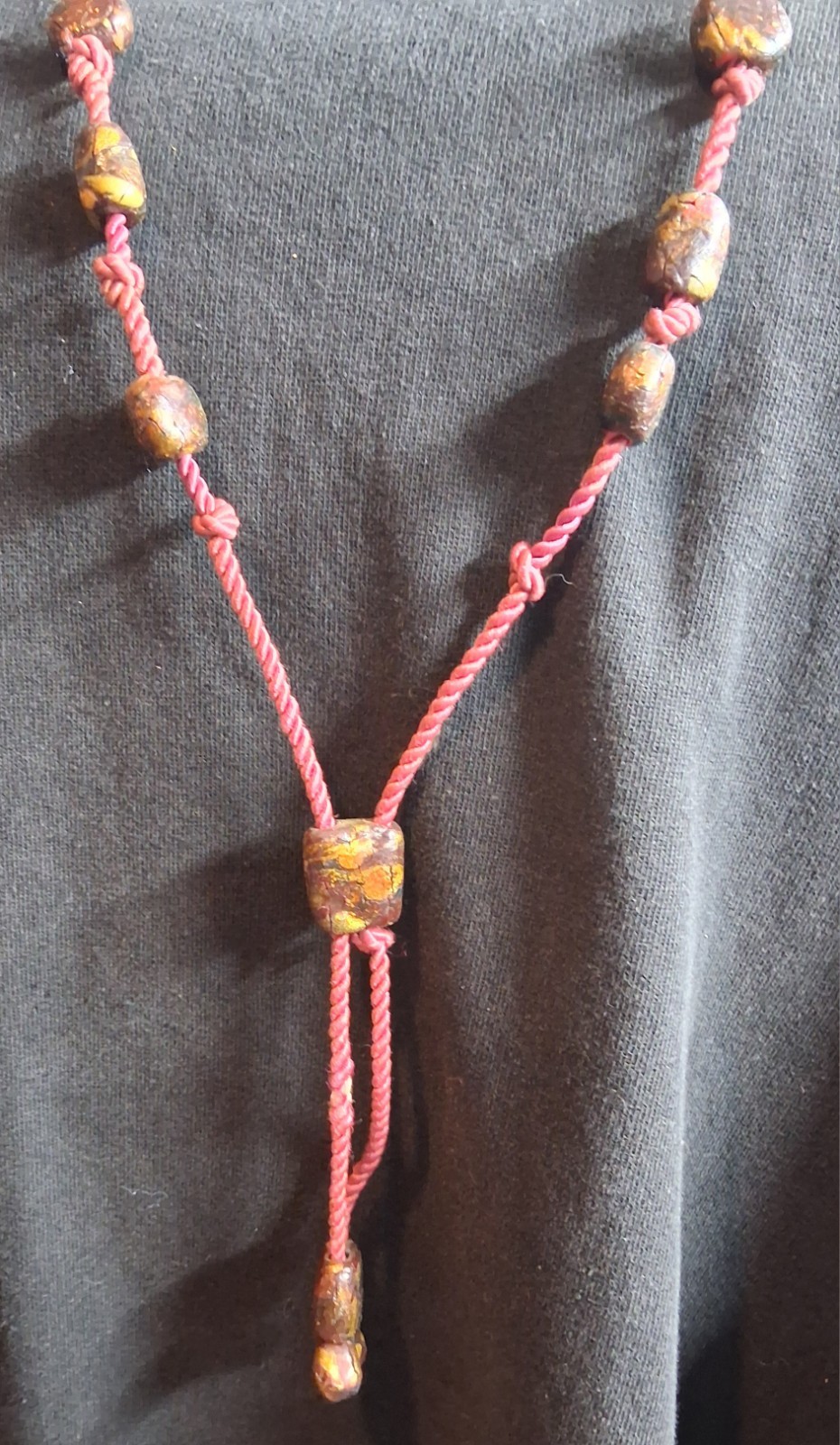 Vintage Cord Bolo Tie Lariat Necklace Wooden Beads Gold Fleck Boho Southwestern