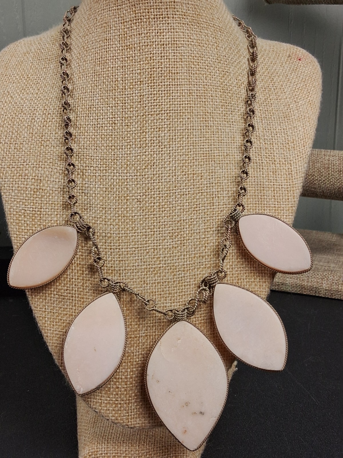 Artisan Pink Queen Conch Shell Necklace Wired Coiled 5 Cabochon Statement Boho