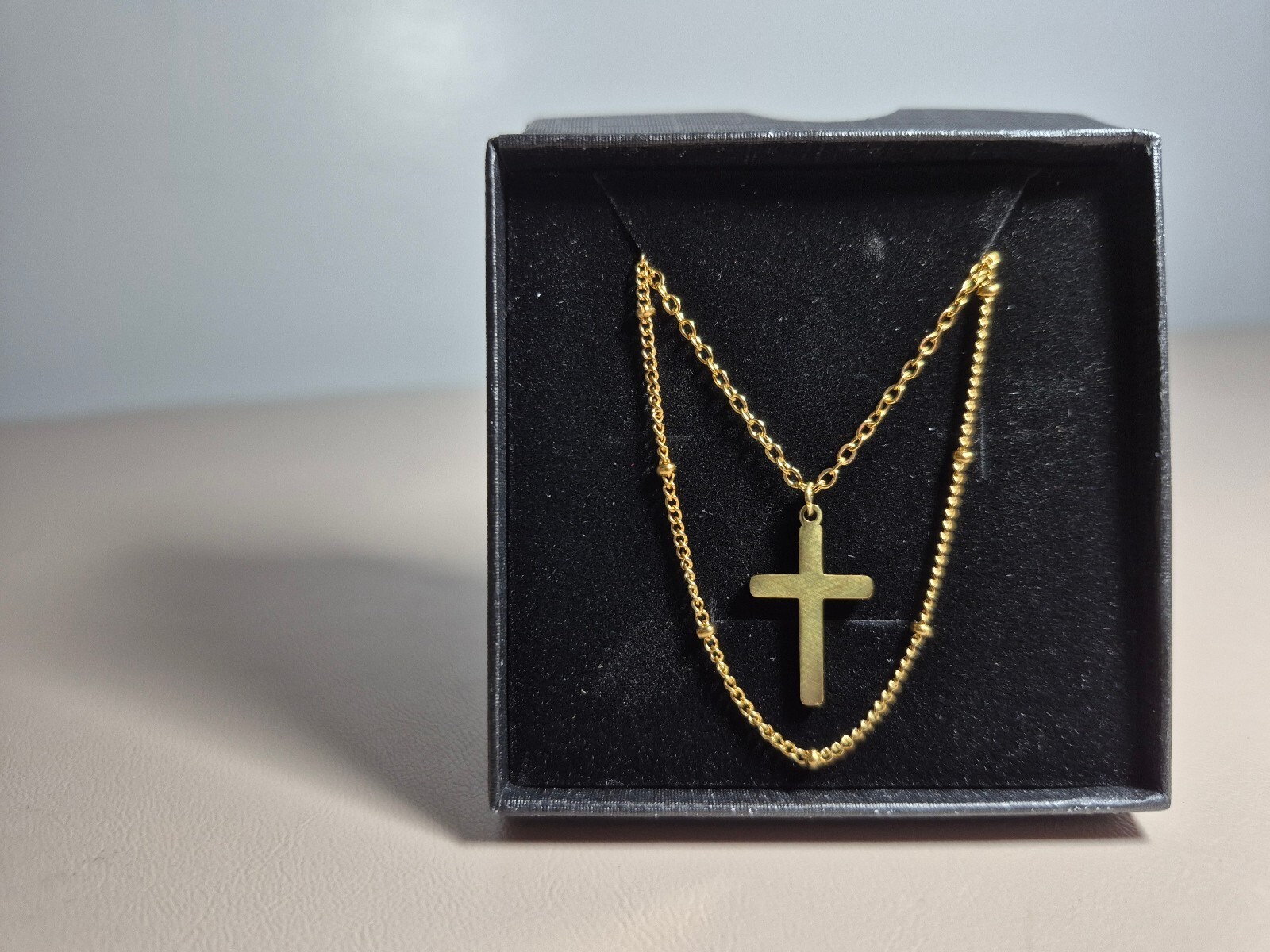 Gold-Tone Layered Cross Pendant Beaded Chain Necklace Set of 2
