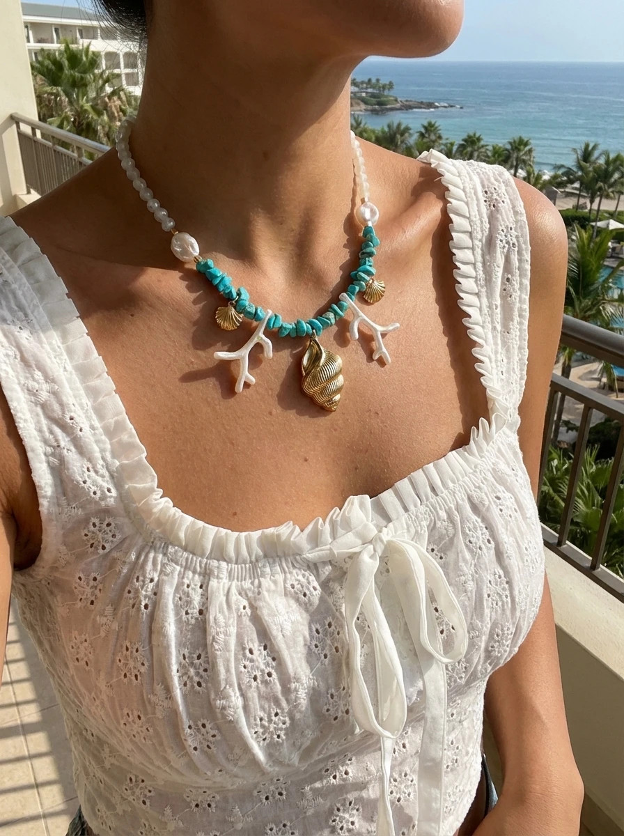 Bohemian Blue Irregular Stone Beaded Choker for Women Exaggerated Conch Coral Pe