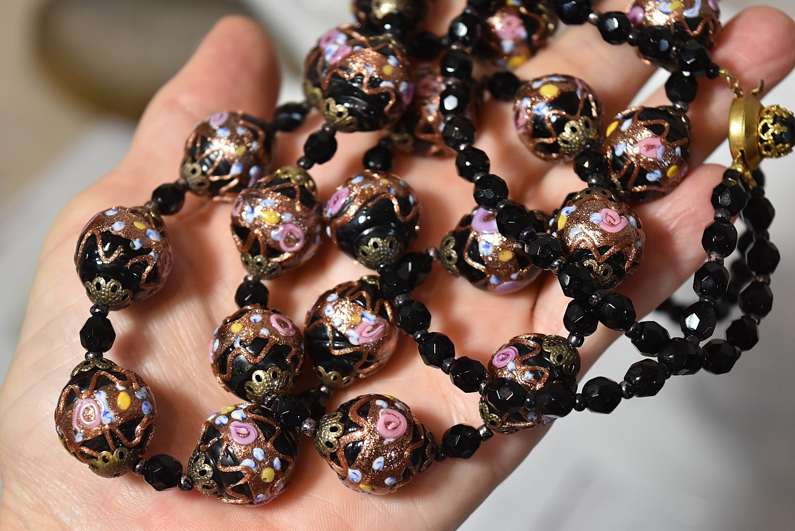 Vtg 2 Strand Venetian Murano Black Wedding Cake Glass Beaded Necklace Earrings