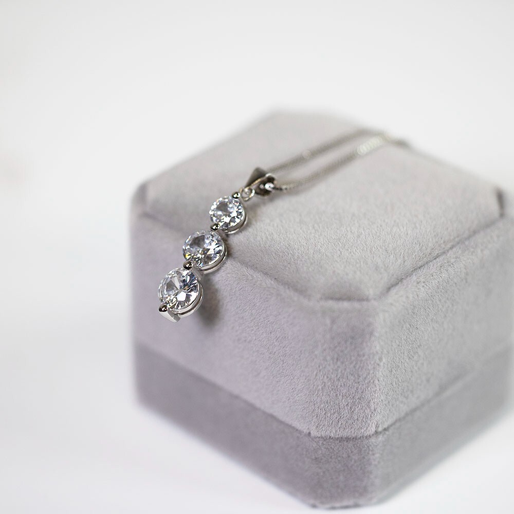 Crystal Pendant Style Three Diamond Drop Necklace White Gold Paved 18″ Necklace