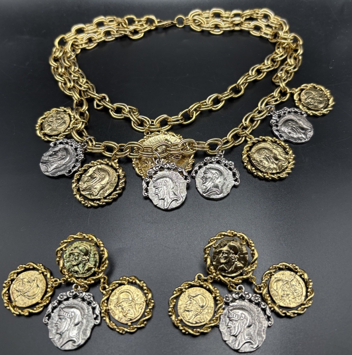 coin charm necklace Earrings Set Layered Two Tone Roman Greek Soldier Medallion
