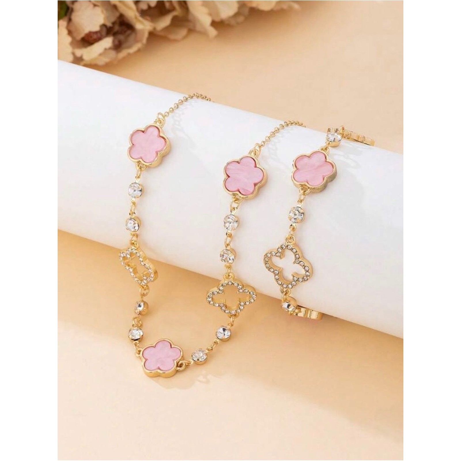 New Gold and Pink Clover Necklace and Bracelet Set