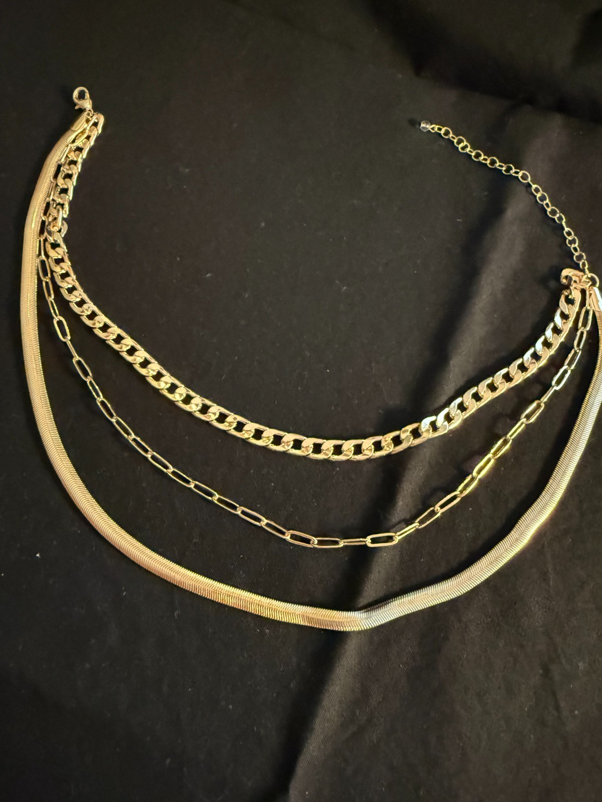 Gold Tone Triple Layer Chain Necklace Herringbone Paperclip Cuban Link 16-19″