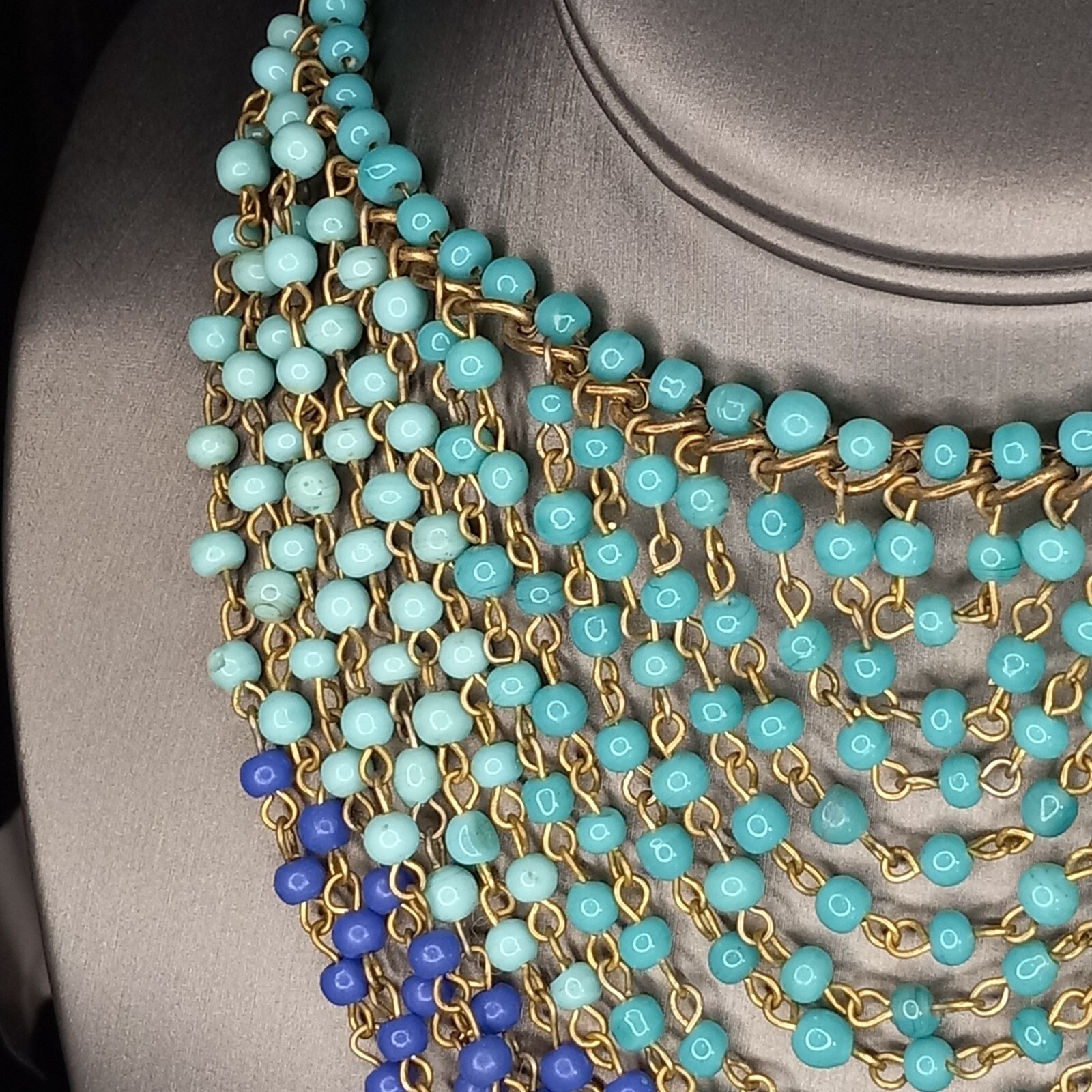 Cleopatra Style Glass Beads Blue Ombre Bib Layered Gold/Brass Tone Necklace