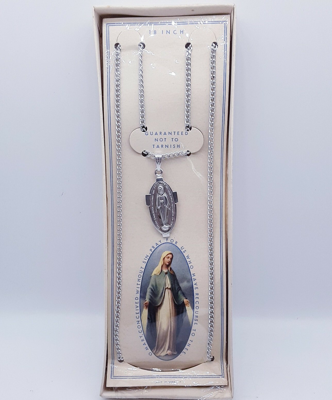 NOS Vintage Catholic Virgin Mary Medal Pendant Necklace 18″ Germany Made silver