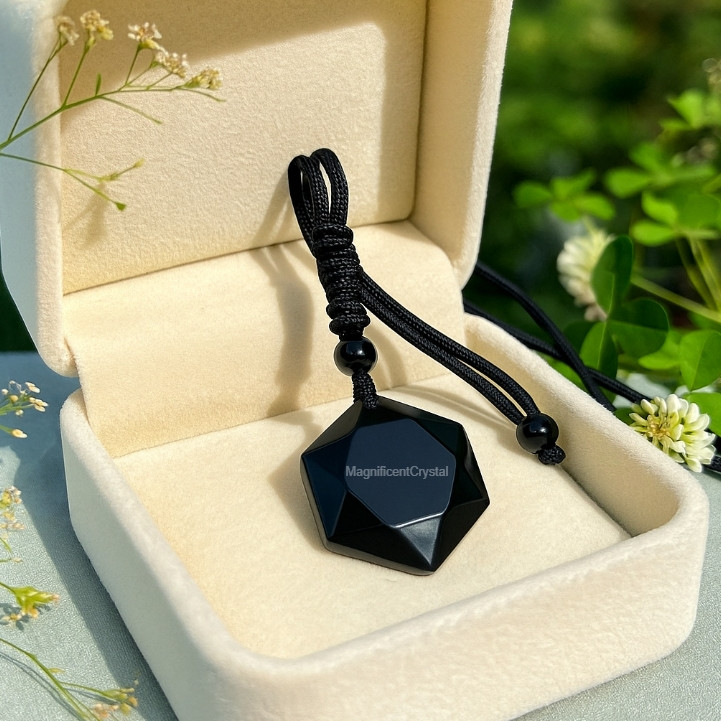 Black Obsidian Pendant Hexagon Necklace Women Men Amulet Stone Crystal Jewelry