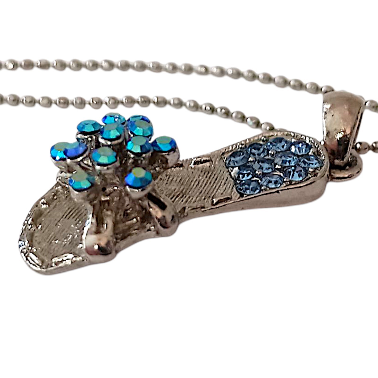 Vtg Blue Rhinestone Flip Flop Pendant Necklace Beach Coastal Y2K Silver Tone