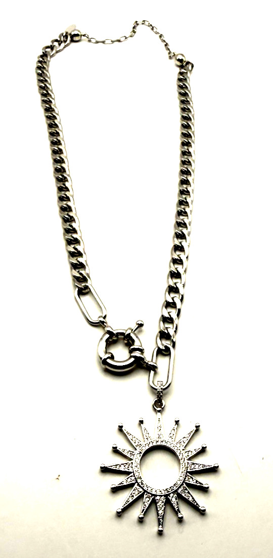 MELANIA CLARA 17″ Silver Tone Crystal Sunburst Pendant Front Clasp Necklace