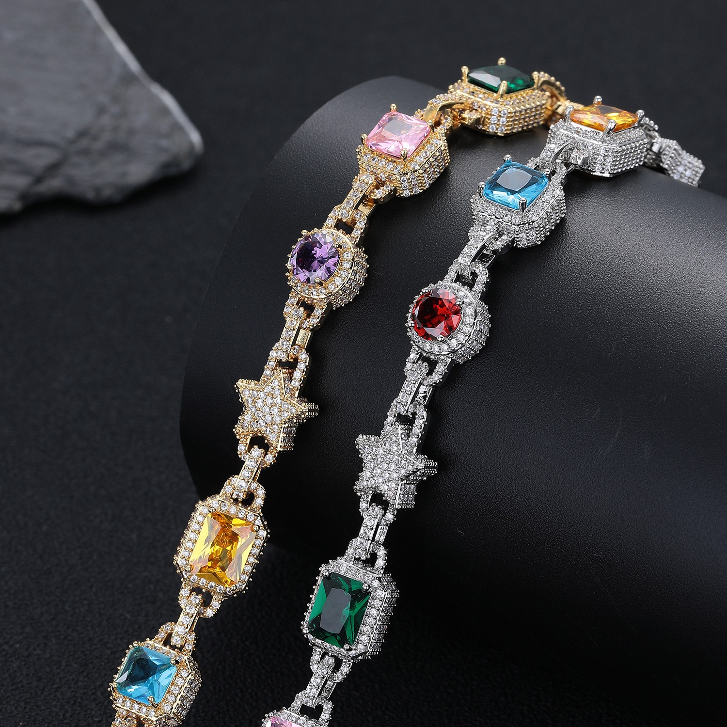 10mm Hip Hop Colored Zircon Crystal Star Chain Necklace Bracelet Choker Jewelry