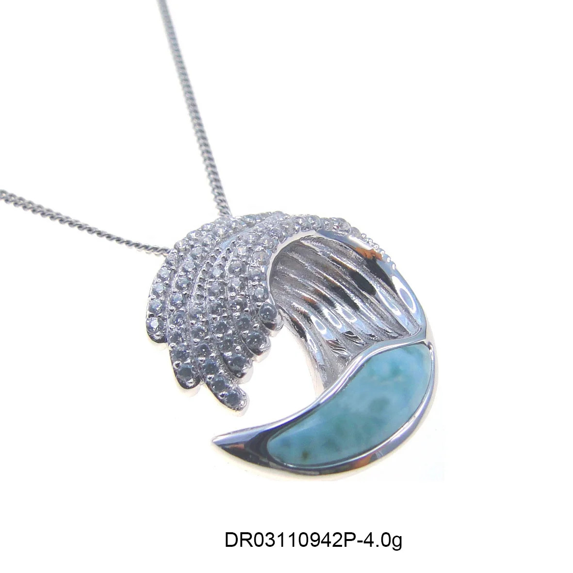 100% 925 Sterling Silver Ocean Sealife Wave Larimar Pendant Necklace Natual