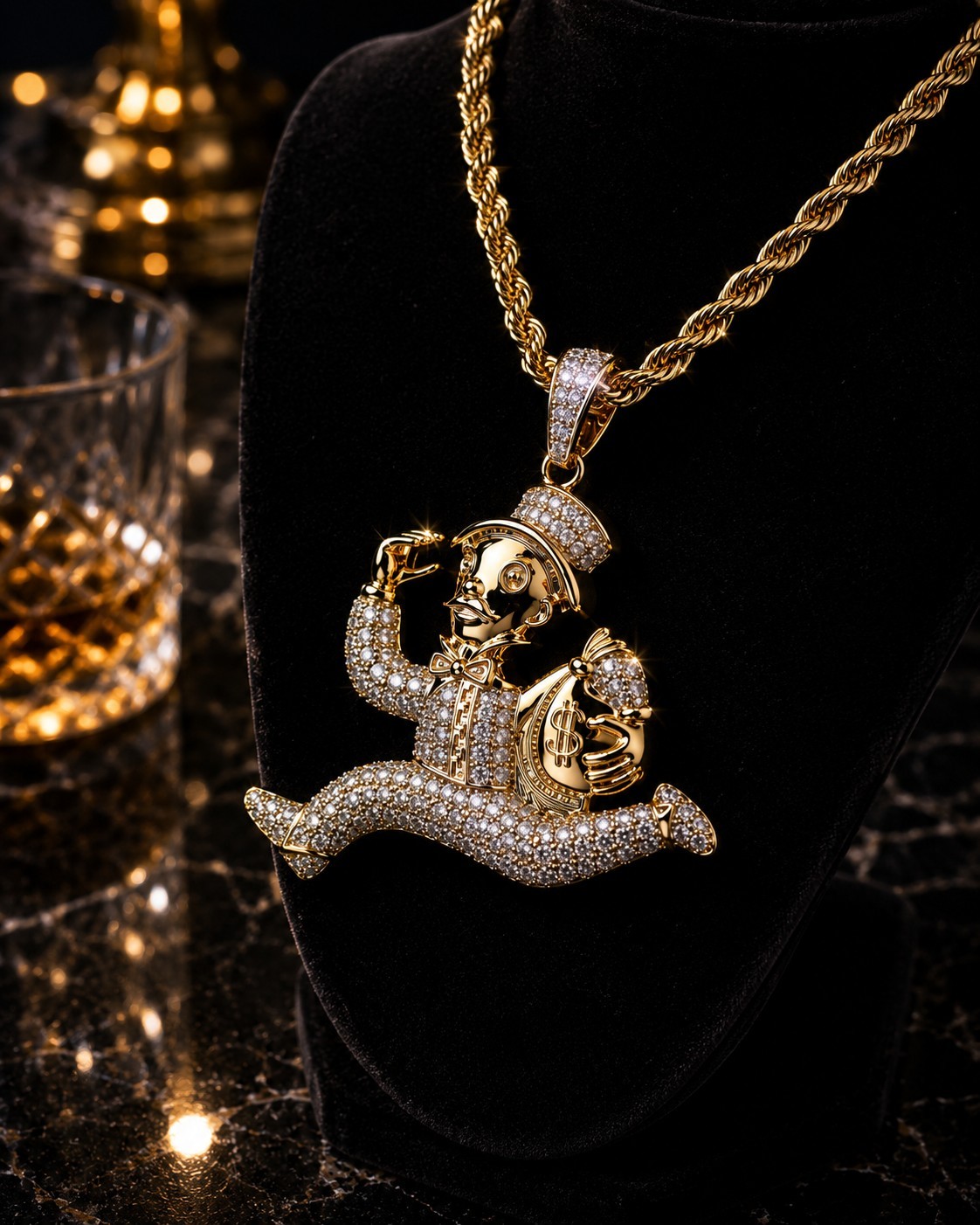 Gold Tone Monopoly Style Money Bag Pendant Necklace CZ Hip Hop Rope Chain 24″