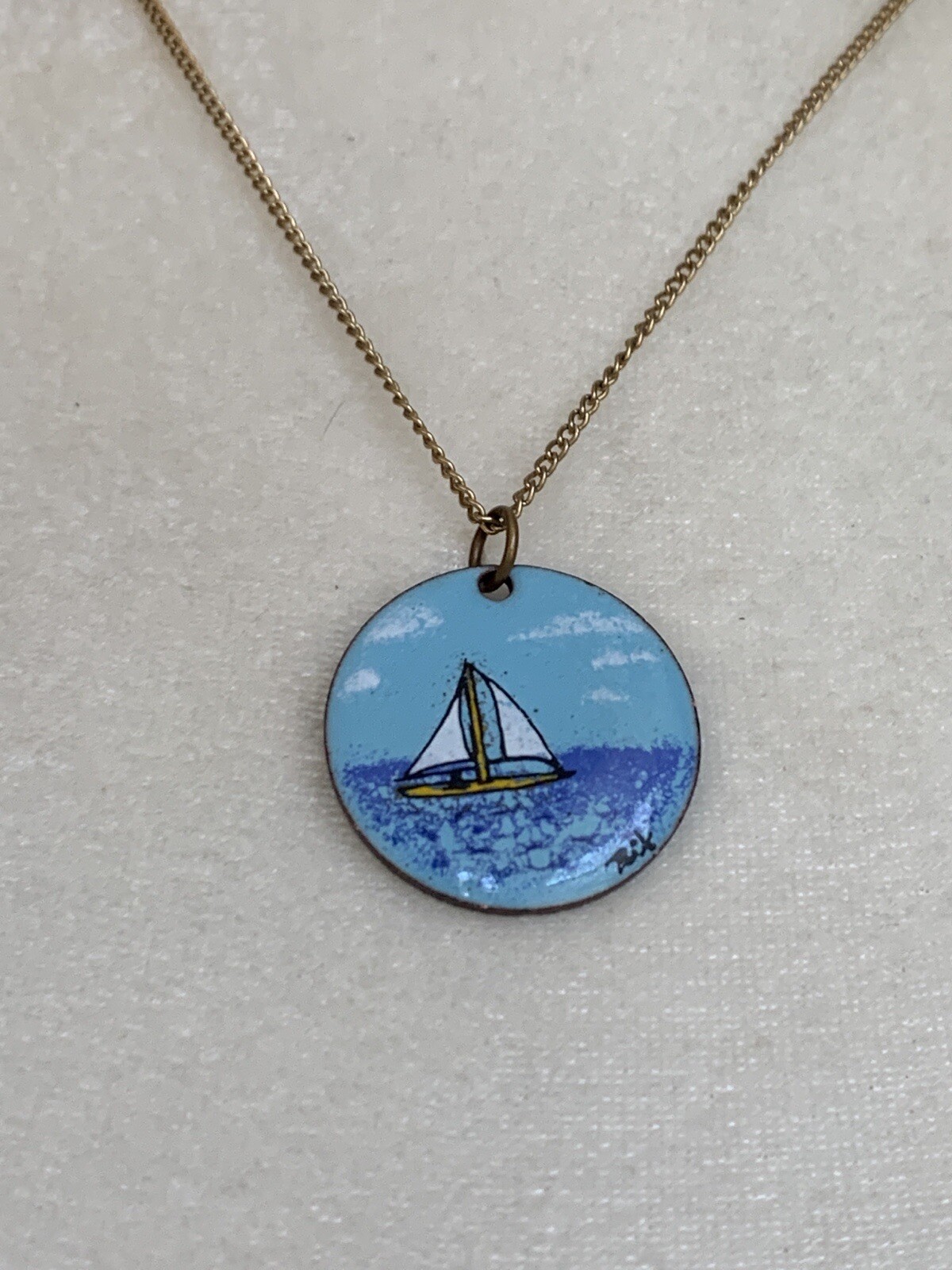 Vintage Great Britain 1964 Penny Pendant With Sailboat Enamel Art Signed 1 1/4″