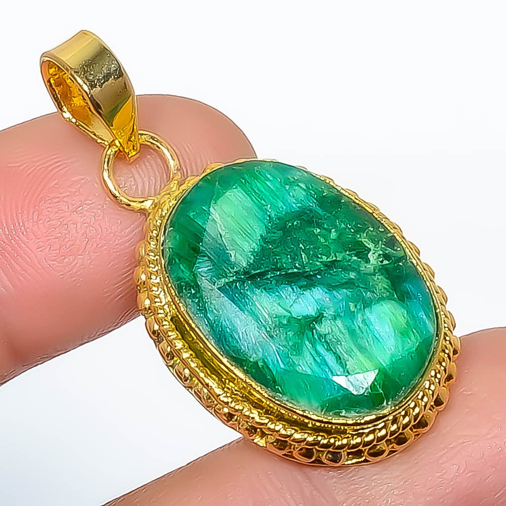 Emerald (Lab-Created) Gemstone 925 Silver Gold Plated Pendant 1.56″ P7622-153