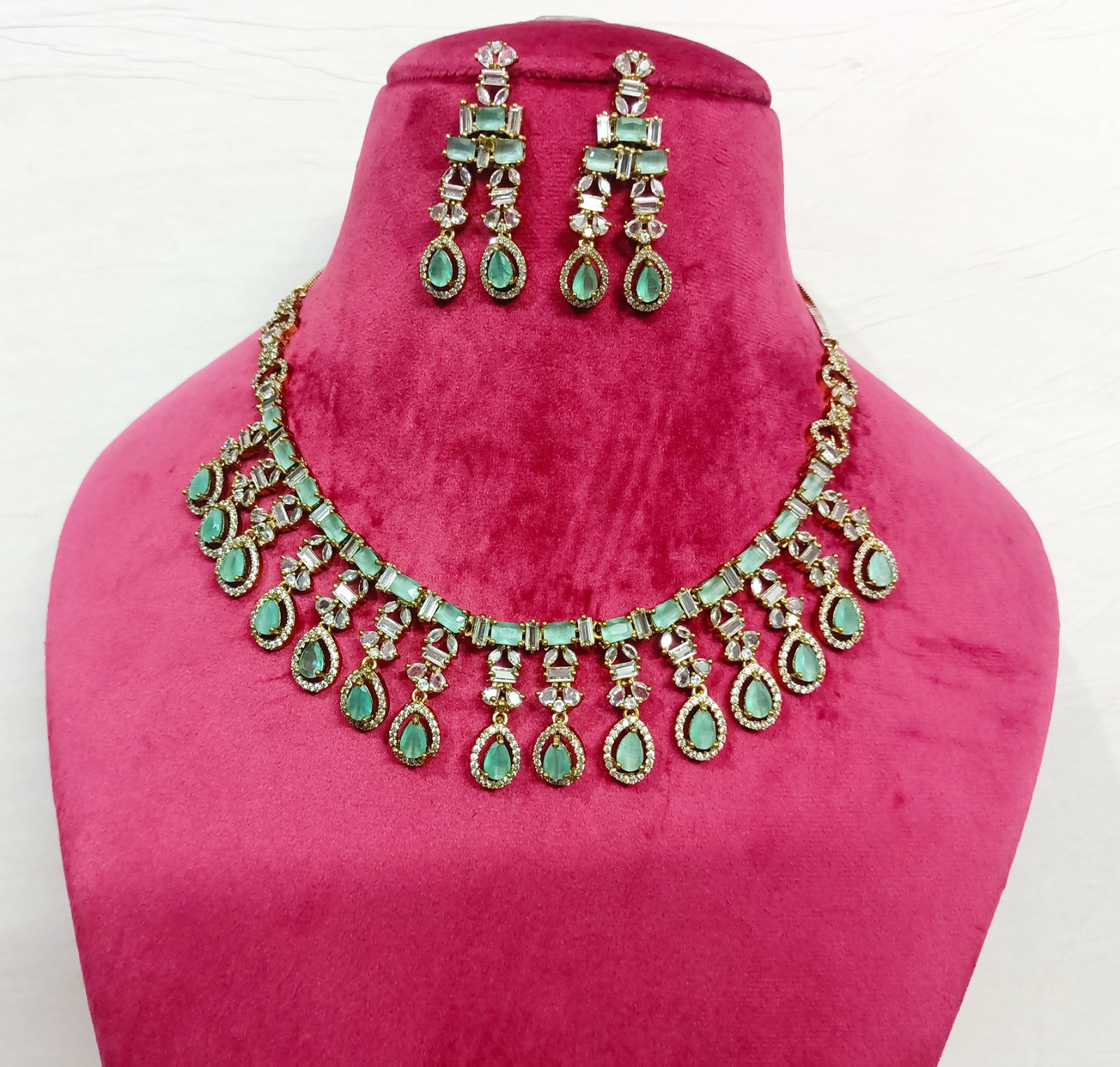 Mint Bridal CZ Necklace Earring Antique Plated Party Wear Wedding Choker Jewelry