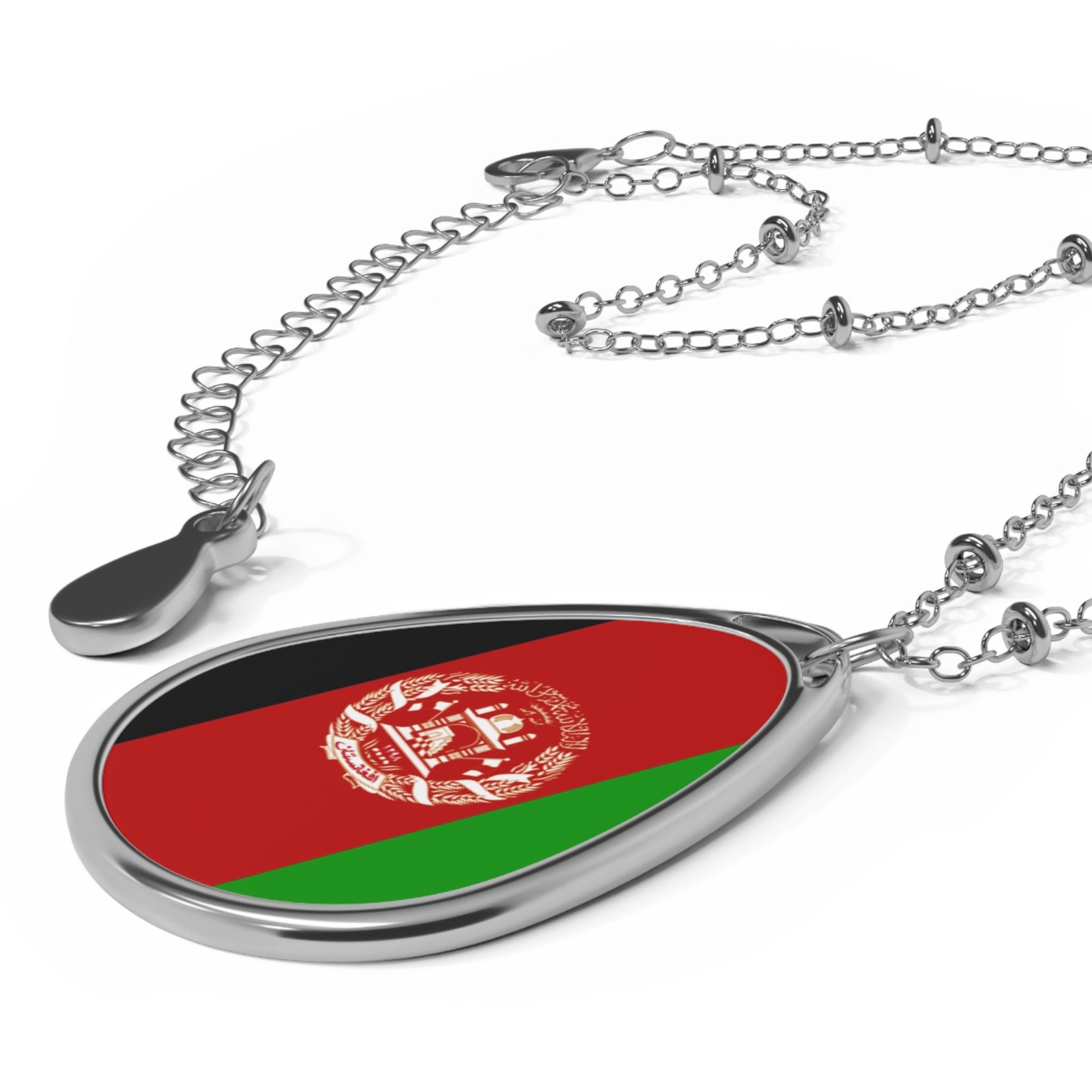 Afghanistan Flag Oval Necklace – Patriotic Pendant – One Size / Silver