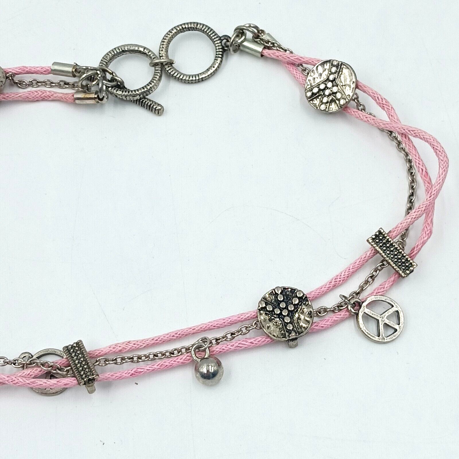 TYJ Collection Choker Necklace Peace Signs Corded And Chain Layered Pink 14″