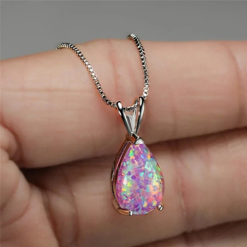 Natural Purple Fire Opal Droplet Necklace Silver Teardrop Jewelry Gift for Women