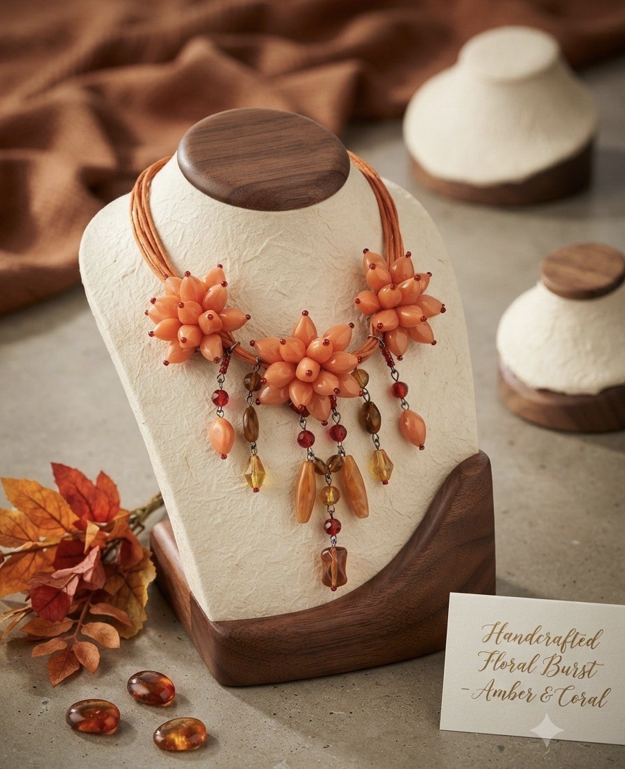 Orange Resin Floral Cluster Statement Necklace with Banana-Amber Dangles