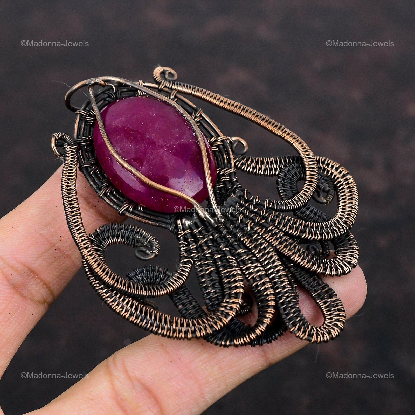 Kashmir Rubi Jewelry Copper Gift For Mother Wire Wrapped Octopus Pendant 3.46