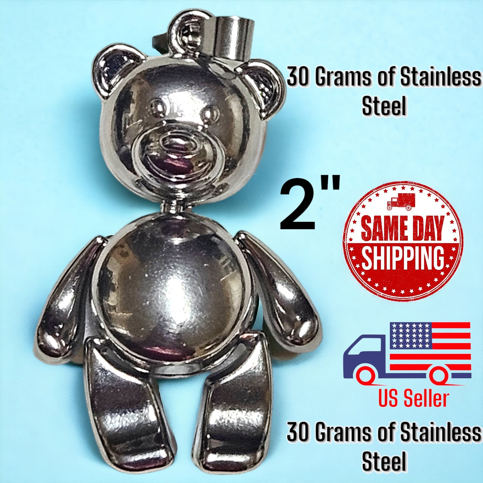 Stainless Steel 416L 2″ Moveable Teddy Bear Pendant 30 Grams. Solid & Heavy