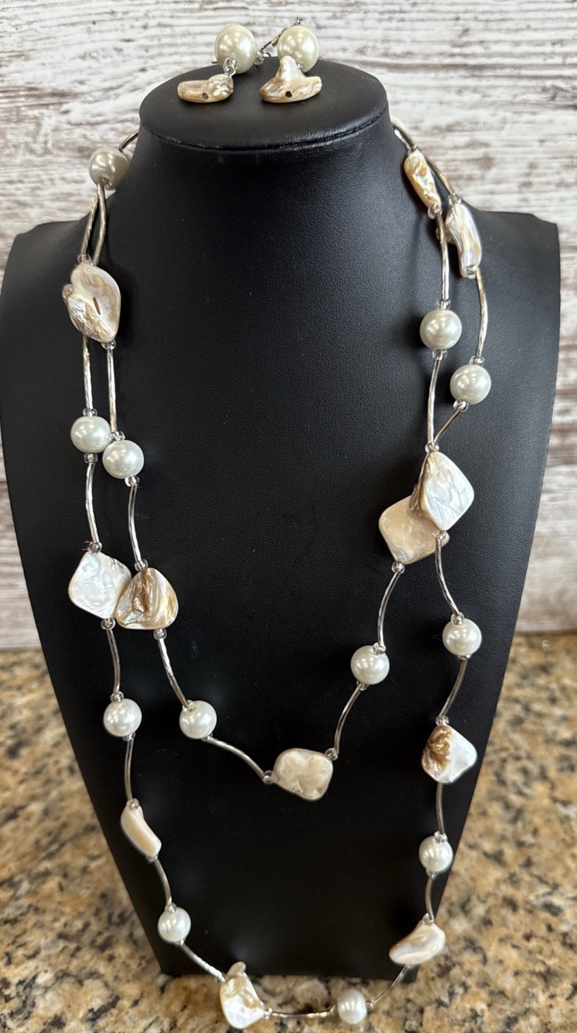 Fashion Layered Necklace & Earrings Abalone & Faux Pearl Silver Tone 54” Boho