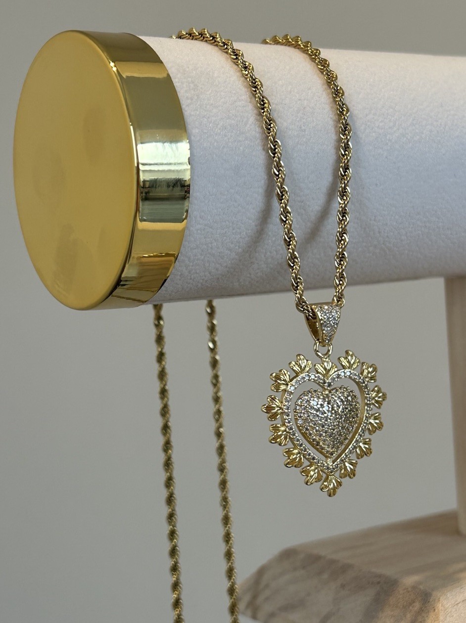 Large 9K Vintage CZ Heart Pendant Necklace 50cm Rope Chain 9ct Gold Filled
