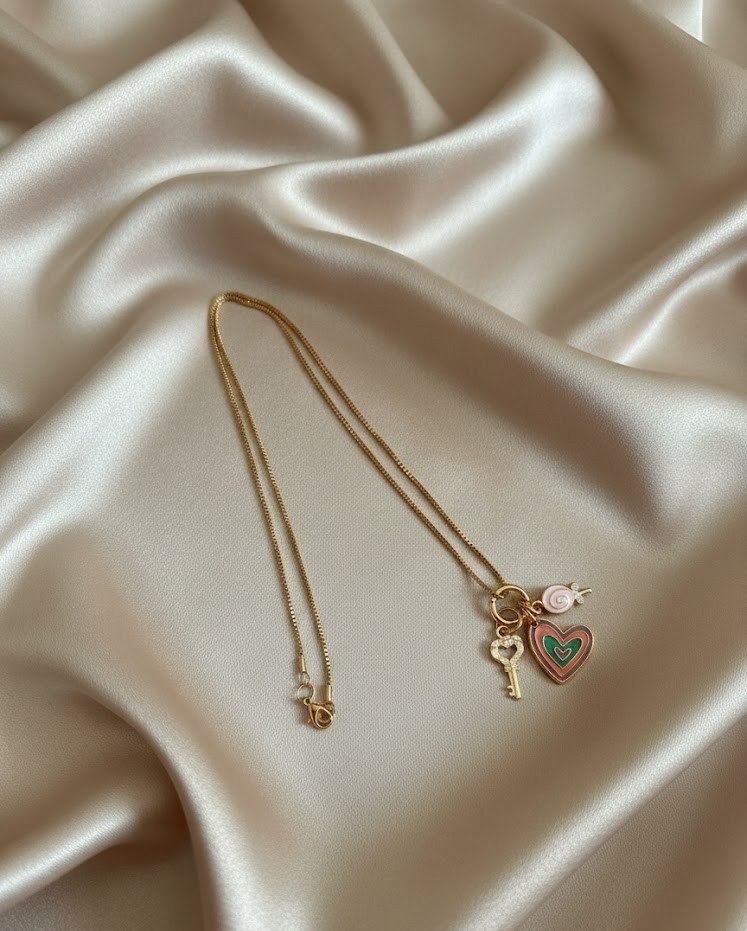 Delicate Enamel Heart Key Lollipop Style Venetian Box Chain Necklace