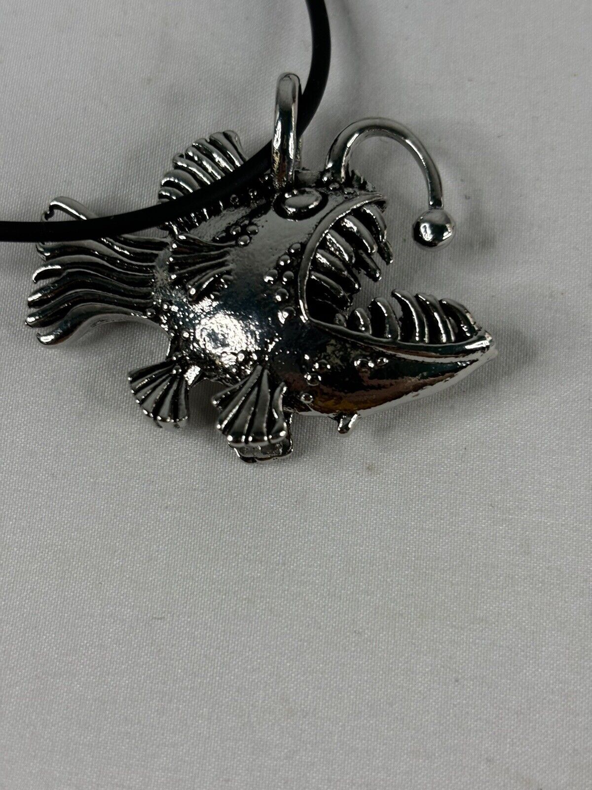 Angler Fish Tiki Necklace Silver Tone Metal Black Cord Surfer Beach Cute